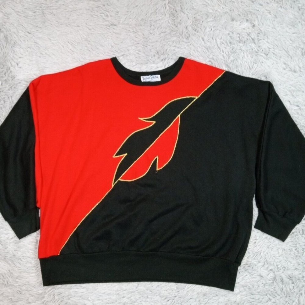 Vintage Karen Blake Womens Sweater Black Red Flame Color‎ Block USA Plus 3X